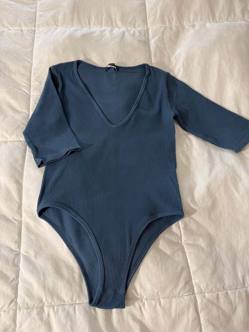 Ribbed V-Neck One-Piece Bodysuit in Slate Blue